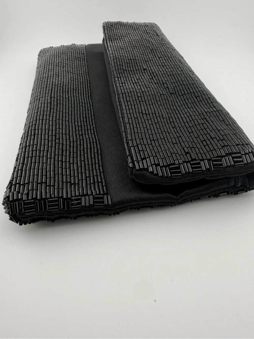 Sondra Roberts Black Bugle Beaded Fold-Over Clutch Evening Bag
